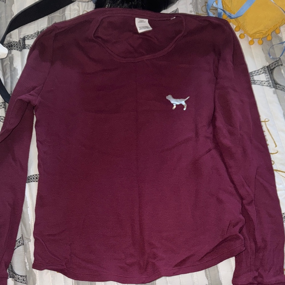 PINK Burgundy Long Sleeve Shirt with Dog Logo- large - Picture 1 of 5